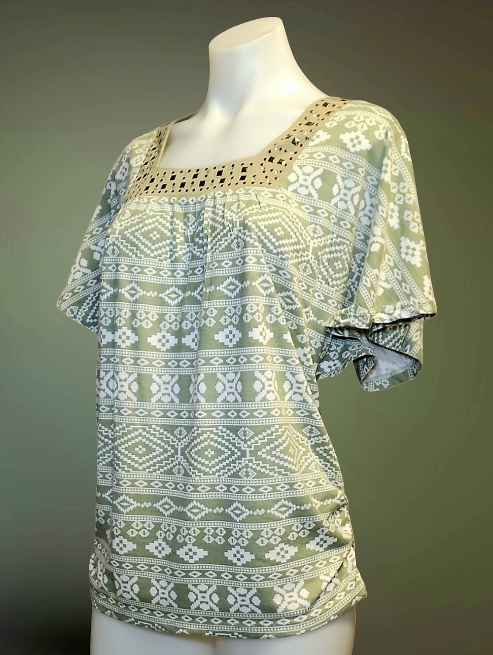 Lena Petites P/L Studded Geometric Square Neck Short Sleeve Blouse Sage Green - Picture 2 of 8